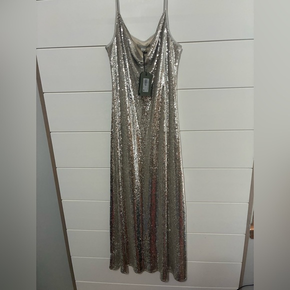 All Saints Hadley Silver Sequined Cowl Neck Sleeveless Slip Dress Size 6 - Picture 4 of 11